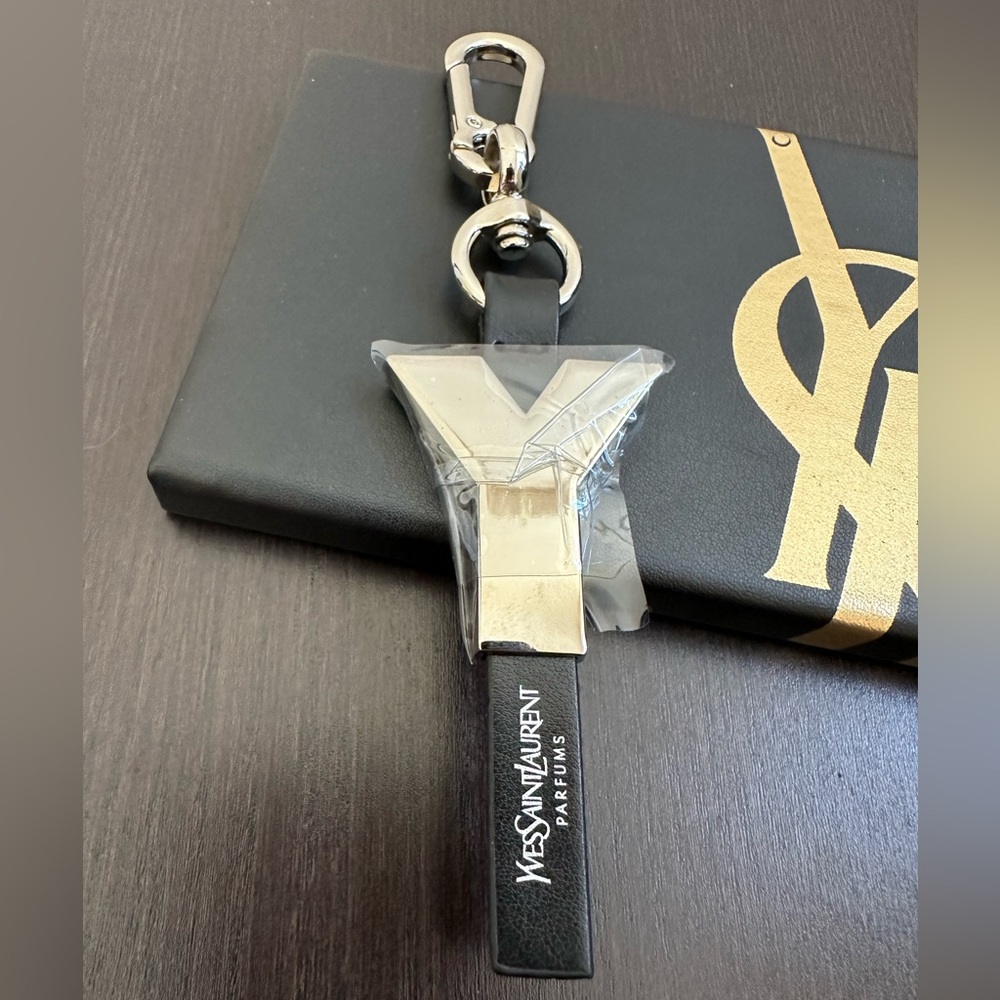 EUC++ Silver YSL Parfums Black Leather Accent Keychain Charm